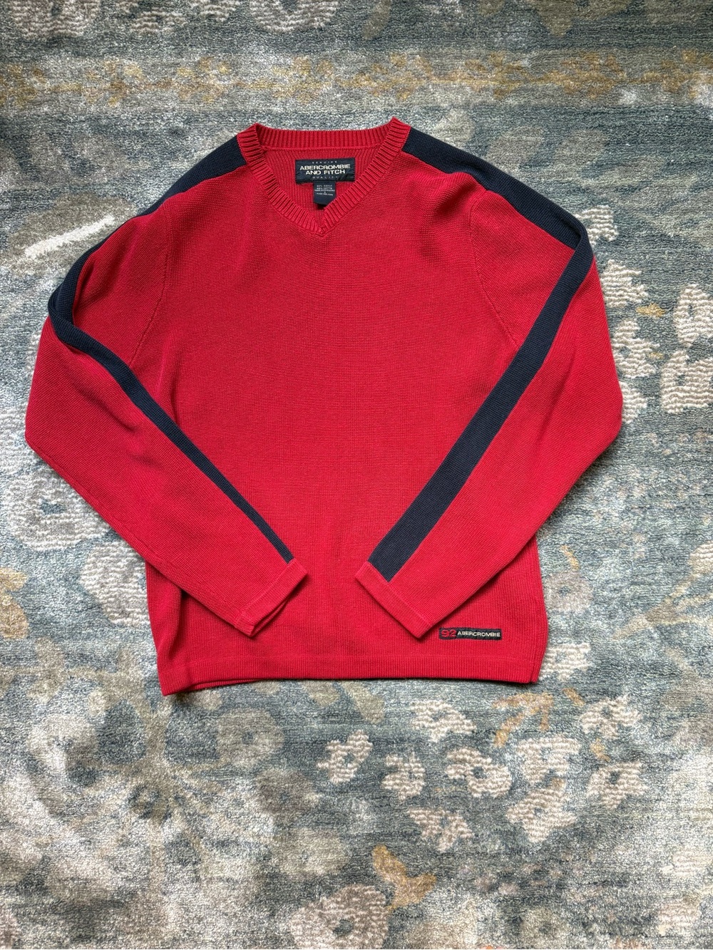 Vintage Abercrombie & Fitch Red V-Neck Sweater with Navy Shoulder Stripes